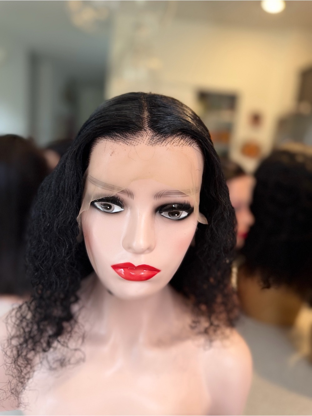 Natural Black Curly Lace Front Wig with Middle Part - Sleek, Realistic Hairline